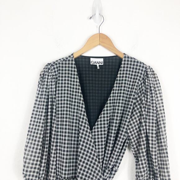 Ganni Gingham Mesh Wrap Mini Dress Size 40 Ruffle Stretch Black White Check - Picture 4 of 13